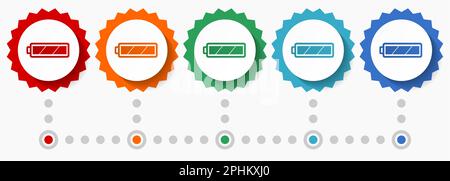 Battery vector icon set, colorful infographic template, set of flat design badge icons in 5 color options Stock Vector