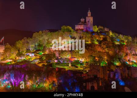 Night view of illuminated Tsarevets fortress in Veliko Tarnovo, Bulgaria. Stock Photo