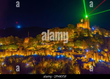 Night view of illuminated Tsarevets fortress in Veliko Tarnovo, Bulgaria. Stock Photo