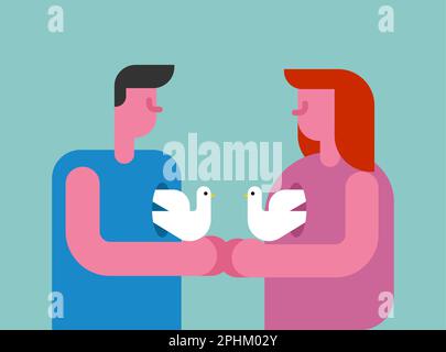 Couple embraces, doves in heart. Free love concept. Stock Vector