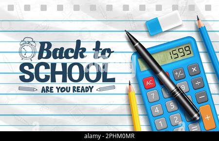 Back to school vector background. Back to school text in notebook paper element with educational supplies. Vector illustration back to school. Stock Vector