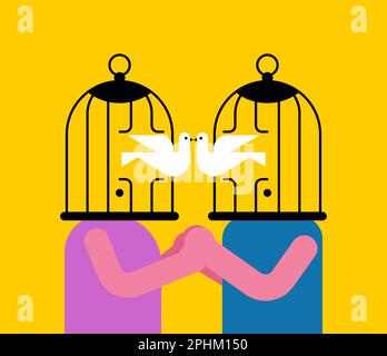 Cage for lovers with dove instead of head. concept of sincere and pure love Stock Vector