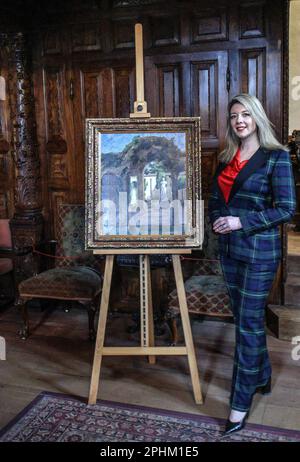 Kent, Edenbridge, 29 March 2023 Katherine Carter, property curator, Chartwell invited to the unveiling of the newly adquired oil painting, dating from the 1930's View through an Arch at Hever depicts the Italian Garden at Hever Castle at the time it was owned by Churchill's close friends, John Jacob Astor V and Lady Violet Astor. The painting was recently purchased by Hever Castle from Christies and was unveiled by Lord Astor in the Inner Hall.Paul Quezada-Neiman/Alamy Live News Credit: Paul Quezada-Neiman/Alamy Live News Stock Photo