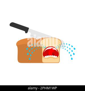Knife cuts bread and cries. It hurts loaf of bread and piece Stock Vector