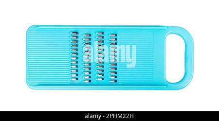 Blue Plastic Grater Isolated, Metal Plastic Kitchenware for Korean Carrots Cooking, Slicing Vegetables into Strips, Plastic Grater on White Background Stock Photo