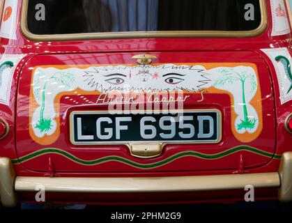 Close-up rear view of George  Harrisons 1966, Austin Mini Cooper S/ Radford Mini De Ville GT, on display at the 2023 London Classic Car Show Stock Photo