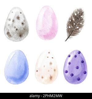 Painted watercolor Easter eggs and a feather Stock Photo