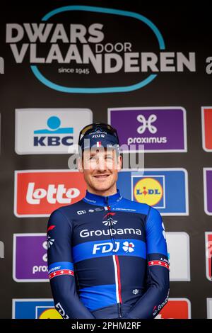 Roeselare, Belgium. 29th Mar, 2023. Swiss Stefan Kung of Groupama-FDJ pictured at the start of the men elite race of the 'Dwars Door Vlaanderen' cycling race, 183, 7 km from Roeselare to Waregem, Wednesday 29 March 2023. BELGA PHOTO DAVID PINTENS Credit: Belga News Agency/Alamy Live News Stock Photo