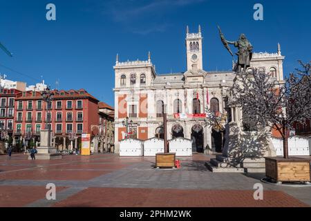 Valladolid, Spain - November 12 2022:  City center of Valladolid in Plaza Mayor Square. View of Townhall of Valladolid. Market set up for the winter Stock Photo