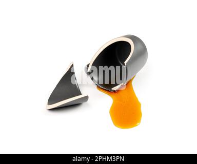 Broken Mug Isolated, Black Ceramic Cup Pieces, Smashed Teacup, Careless Concept, Empty Broken Mug on White Background Stock Photo