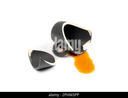 Broken Mug Isolated, Black Ceramic Cup Pieces, Smashed Teacup, Careless Concept, Empty Broken Mug on White Background Stock Photo