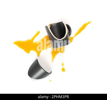 Broken Mug Isolated, Black Ceramic Cup Pieces, Smashed Teacup, Careless Concept, Empty Broken Mug on White Background Stock Photo