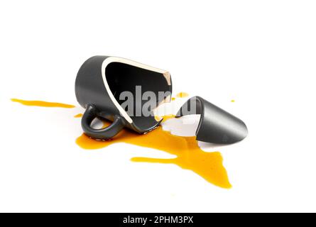 Broken Mug Isolated, Black Ceramic Cup Pieces, Smashed Teacup, Careless Concept, Empty Broken Mug on White Background Stock Photo