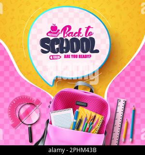 Back to school vector design. Back to school text in speech bubble with pink school bag and educational supplies. Vector illustration back to school. Stock Vector