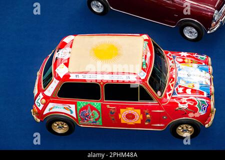 Aerial view of George  Harrisons 1966, Austin Mini Cooper S/ Radford Mini De Ville  GT, on display at the 2023 London Classic Car Show Stock Photo