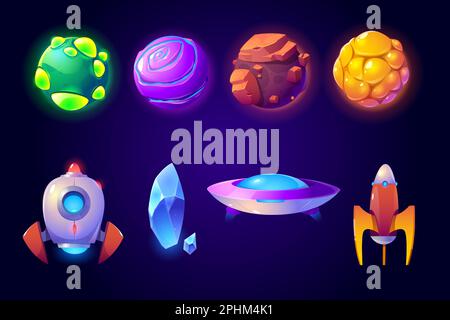 Planets, rockets and alien ufo set isolated on blue background. Fantasy computer game graphic design elements, cosmic collection of funny spaceship shuttles, asteroids Cartoon vector illustration Stock Vector