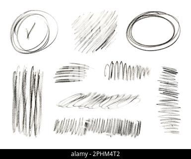 Charcoal Strokes Set, Crayon Scribble Isolated, Hand Drawn Chalk Hatching, Crayon Strokes Texture on White Background Stock Photo