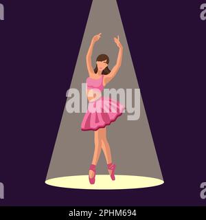 Vector illustration classical ballet. Caucasian white ballerina in a pink tutu and pointe shoe dances in the spotlight on dark purple background. Beautiful young faceless ballerina in a flat style Stock Vector