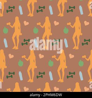 Seamless pattern with icons of fitness women, gym dumbbells, bottles of water, hearts, and apples. Vector illustration Stock Vector