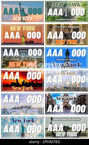 Complete Set 12 New York State United States License Plates - New York 12 USA States, Special Design And Regulation For All States, Car numbers of vehicle registration in USA states (abstract numbers) Stock Photo