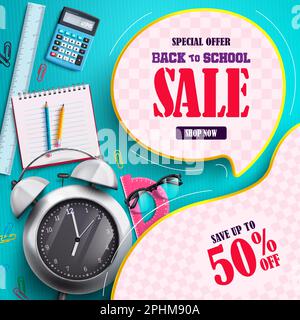 Back to school vector sale. Back to school sale text in speech bubble element with special offer save up to 50% off educational discount. Stock Vector