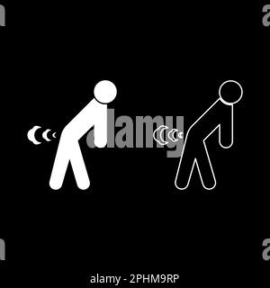 Man farts break wind farting bloating gas cloud stench bad smell flatulency set icon white color vector illustration image simple solid fill outline Stock Vector
