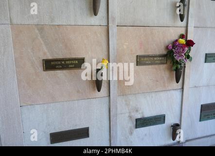Los Angeles, California, USA 27th March 2023 Hugh Hefner's Grave and Actress Marilyn Monroe's Grave at Pierce Brothers Westwood Village Memorial Park Cemetery on March 27, 2023 in Los Angeles, California, USA. Photo by Barry King/Alamy Stock Photo Stock Photo