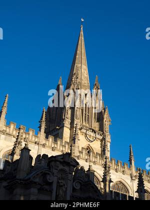 The University Church of St Mary the Virgin is a prominent Oxford church situated on the north side of the High Street, facing Radcliffe Square. It is Stock Photo