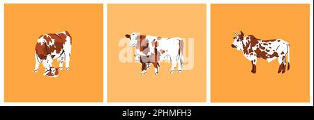 Hand drawn abstract vector clipart illustration collection set with brown adorable cute,stylized cow characters.Trendy modern art design concept Stock Vector