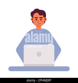Pleasant man working on laptop semi flat color vector character Stock Vector