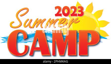 Summer Camp 2023 Logo with water and sun background Stock Photo