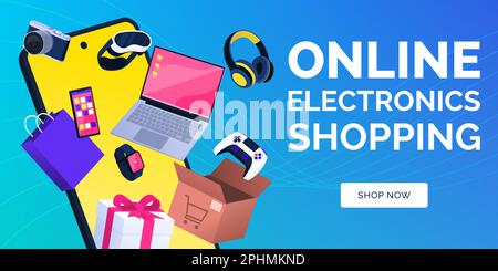 Online electronics shopping app on smartphone: devices coming out of a smartphone screen, banner with copy space Stock Vector