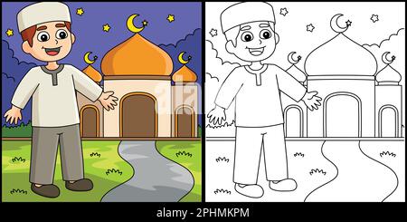 Ramadan Happy Muslim Boy Coloring Page for Kids Stock Vector Image ...