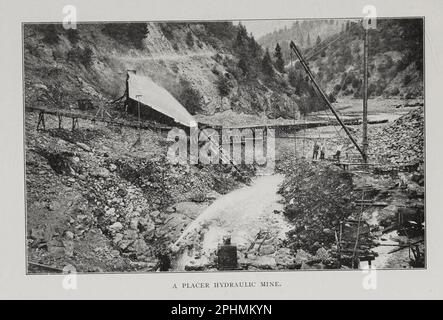 A Placer Hydraulic Mine [ Hydraulic mining is a form of mining that uses high-pressure jets of water to dislodge rock material or move sediment.[1] In the placer mining of gold or tin, the resulting water-sediment slurry is directed through sluice boxes to remove the gold. It is also used in mining kaolin and coal. Hydraulic mining developed from ancient Roman techniques that used water to excavate soft underground deposits. Its modern form, using pressurized water jets produced by a nozzle called a 'monitor', came about in the 1850s during the California Gold Rush in the United States. Though Stock Photo