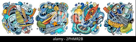 Water sport cartoon vector doodle designs set. Colorful detailed compositions with lot of Summer sports objects and symbols. Isolated on white illustr Stock Vector