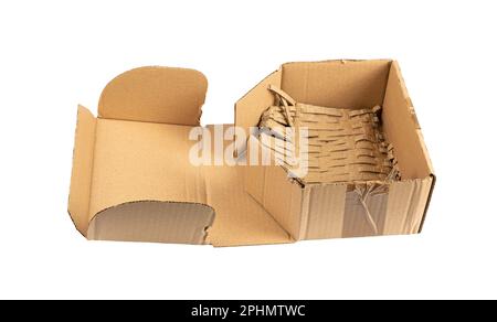 Used Open Box Isolated, Craft Paper Delivery Package, Old Carton Packaging, Used Cardboard Box on White Background Stock Photo