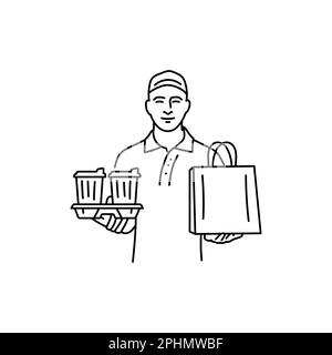 Courier with drinks and food black line icon. Food delivery service. Pictogram for web page, mobile app, promo. Stock Vector