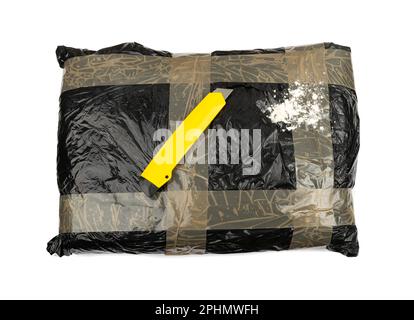 Seized drug bag isolated. Drugs package, heroin bricks, cocain pack, smuggling, drugs trafficking on white background Stock Photo