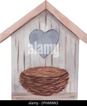 Watercolor wood birdhouse with heart and Bird nest. Spring vector decoration. Stock Vector