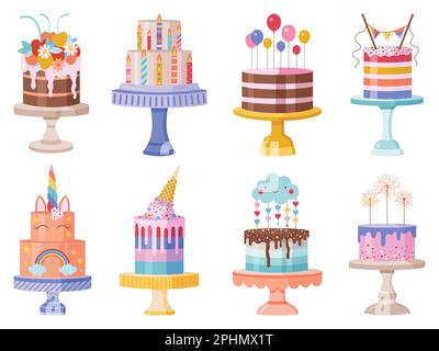 Decorated Birthday Party Celebration Cakes Set Stock Vector