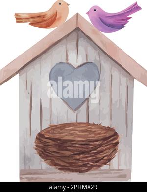 Watercolor wood birdhouse with heart, birds and Bird nest. Spring decoration. Stock Vector