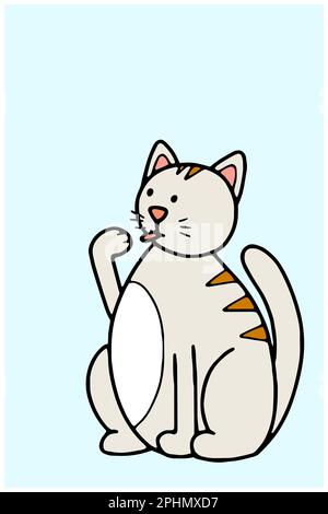 Doodle stick out tongue Cat. Hand-drawn pet on blue background. Color striped animal licks paw. Cute character, mascot. Line kawaii kitten sits and wa Stock Vector