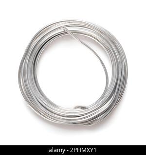 Rolled up soft solder wire. Fusible metal alloy with 60 percent tin, used to create a permanent bond between metal workpieces. Stock Photo