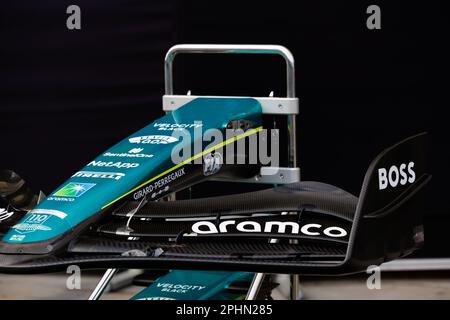 Albert Park, 29 March 2023 The Aston Martin AMR23 front wing on display in pit lane during the 2023 Australian Formula 1 Grand Prix corleve/Alamy Live News Stock Photo