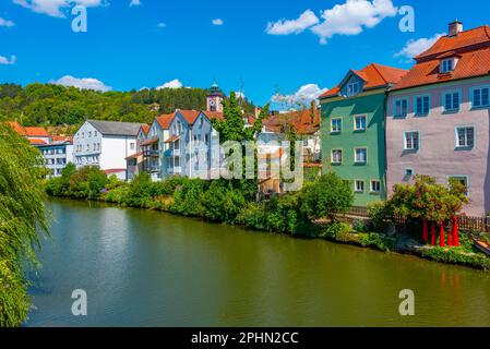 Colorful facades of houses alongside Altmühl river in Eichstätt, Germany. Stock Photo