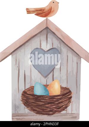 Watercolor wood birdhouse with heart, bird and Bird nest with easter eggs. Spring easter decoration. Stock Vector