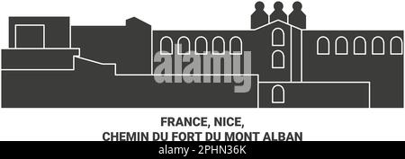 France, Nice, Chemin Du Fort Du Mont Alban travel landmark vector illustration Stock Vector