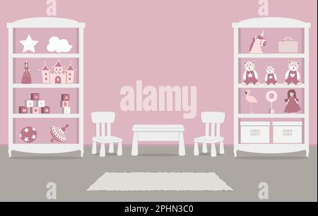 Playroom. Kid's room interior for a baby in a pink color. There are wardrobes with toys, a table, two chairs in the picture. Vector illustration Stock Vector