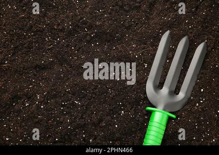 Plant care utensils on soil with copy space, top view Stock Photo