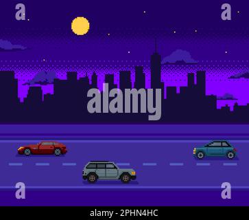Pixel art game background with night cityscape and cars on the road. City silhouette with moon and stars. Vector illustration Stock Vector